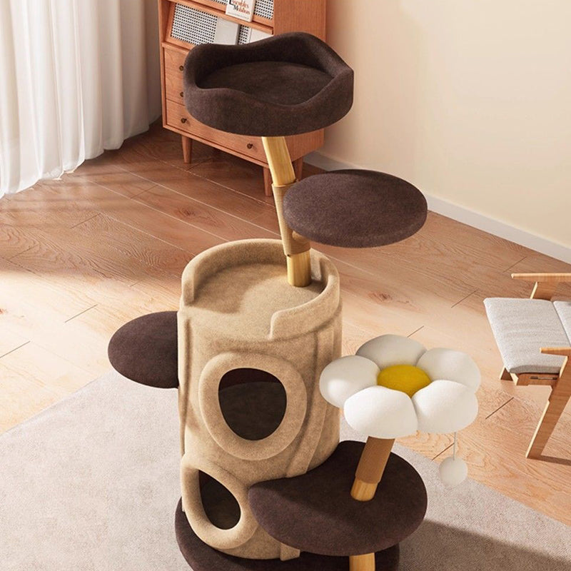 Contemporary Creative Cylinder Natural Fruit Wood Sisal Velvet Fabric Wood Tree House Cat Tree 5-Tier For Living Room