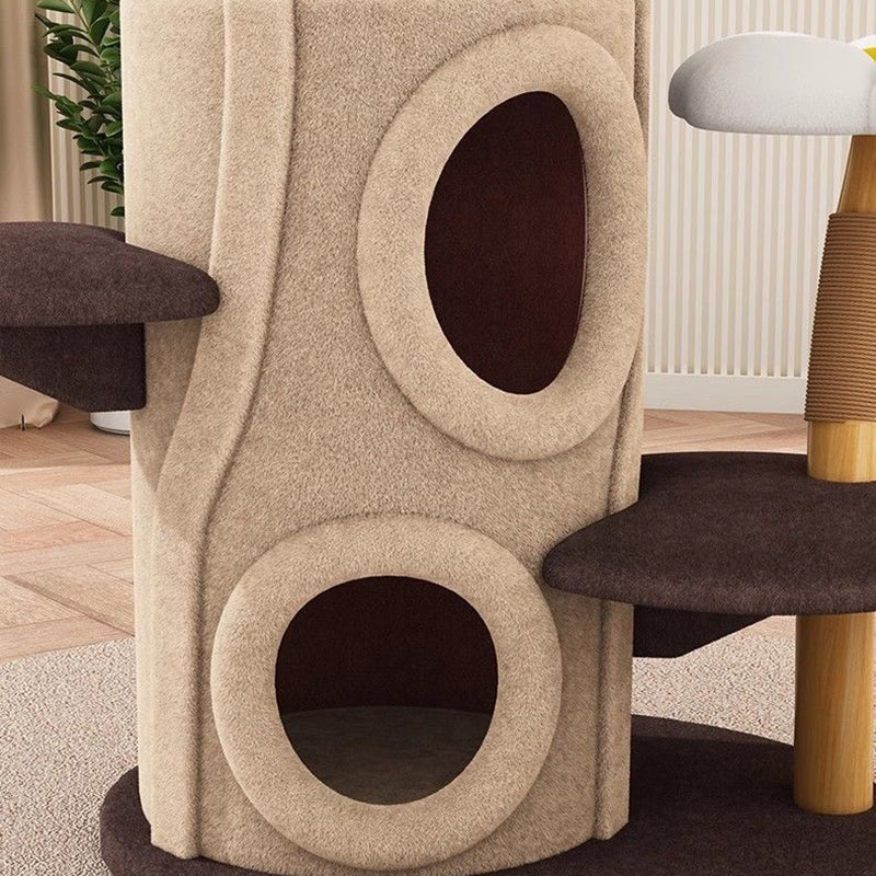 Contemporary Creative Cylinder Natural Fruit Wood Sisal Velvet Fabric Wood Tree House Cat Tree 5-Tier For Living Room