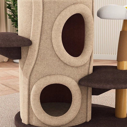 Contemporary Creative Cylinder Natural Fruit Wood Sisal Velvet Fabric Wood Tree House Cat Tree 5-Tier For Living Room