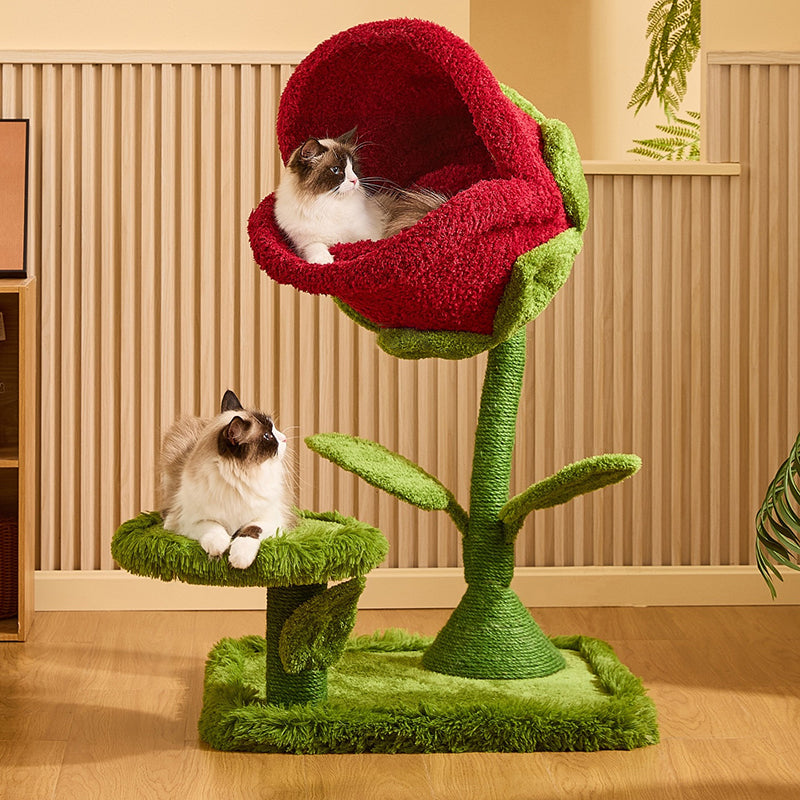 Contemporary Creative Round Medium-Density Fiberboard Sisal Velvet Fabric Floral Cat Tree 2-Tier For Living Room