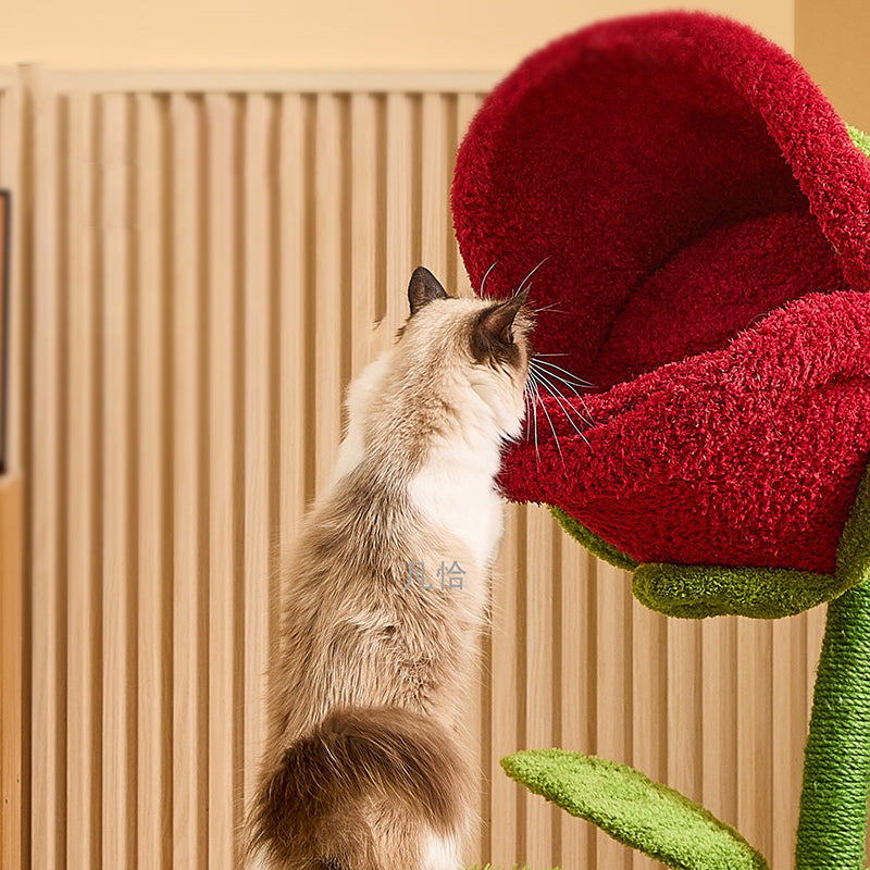 Contemporary Creative Round Medium-Density Fiberboard Sisal Velvet Fabric Floral Cat Tree 2-Tier For Living Room