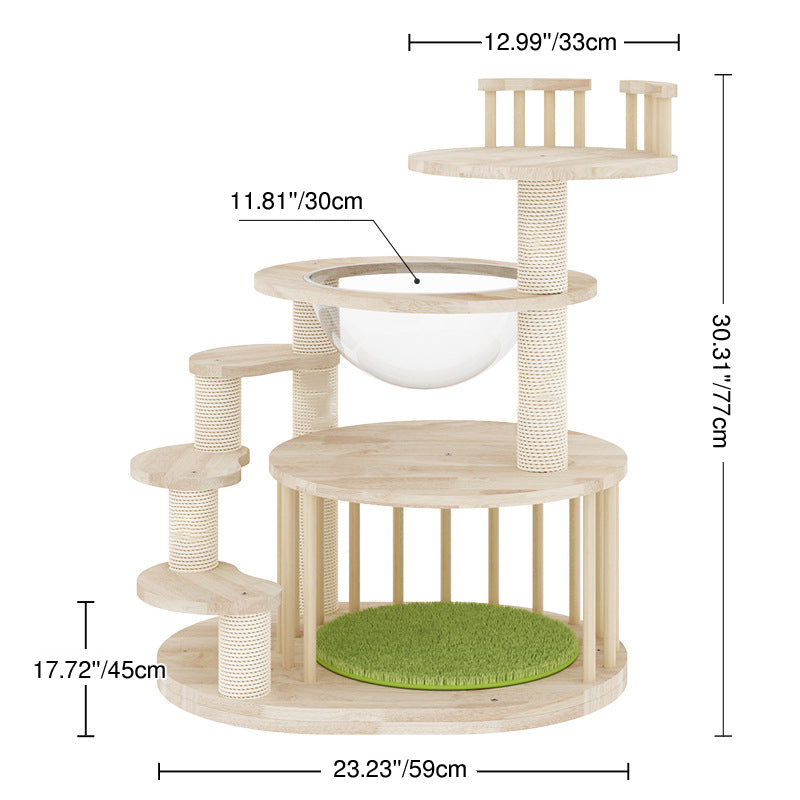 Contemporary Creative Round Solid Oak Wood Kraft Paper Rope Velvet Fabric Cat Tree 3/4/5-Tier For Living Room