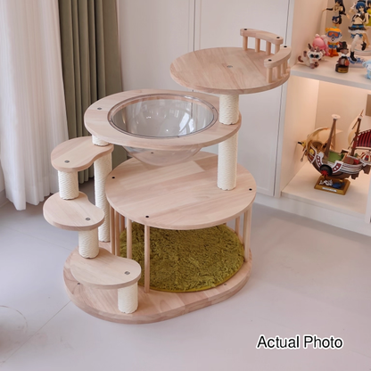 Contemporary Creative Round Solid Oak Wood Kraft Paper Rope Velvet Fabric Cat Tree 3/4/5-Tier For Living Room
