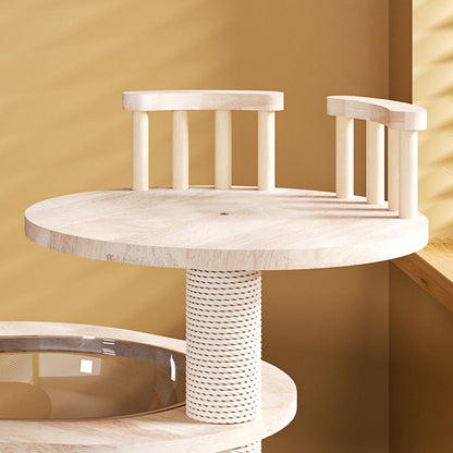 Contemporary Creative Round Solid Oak Wood Kraft Paper Rope Velvet Fabric Cat Tree 3/4/5-Tier For Living Room