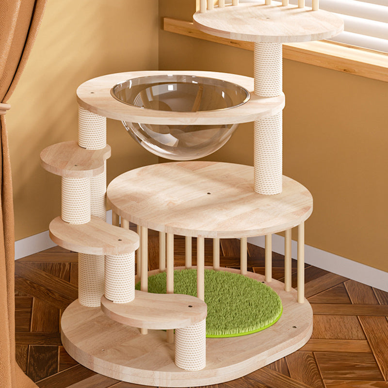 Contemporary Creative Round Solid Oak Wood Kraft Paper Rope Velvet Fabric Cat Tree 3/4/5-Tier For Living Room