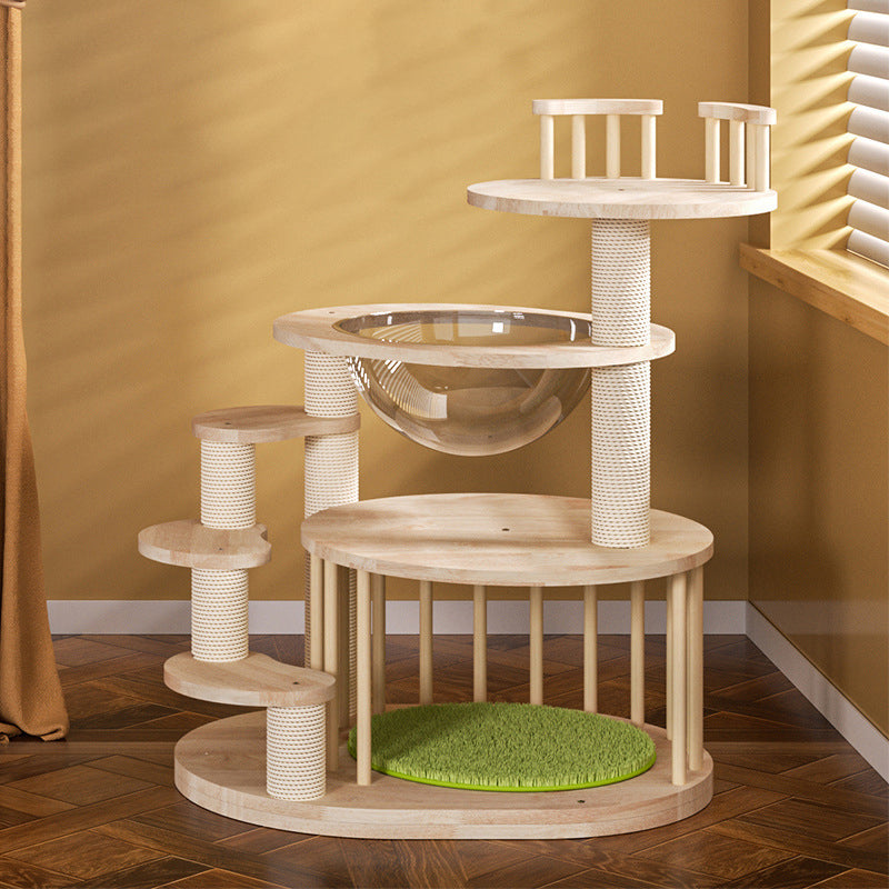 Contemporary Creative Round Solid Oak Wood Kraft Paper Rope Velvet Fabric Cat Tree 3/4/5-Tier For Living Room