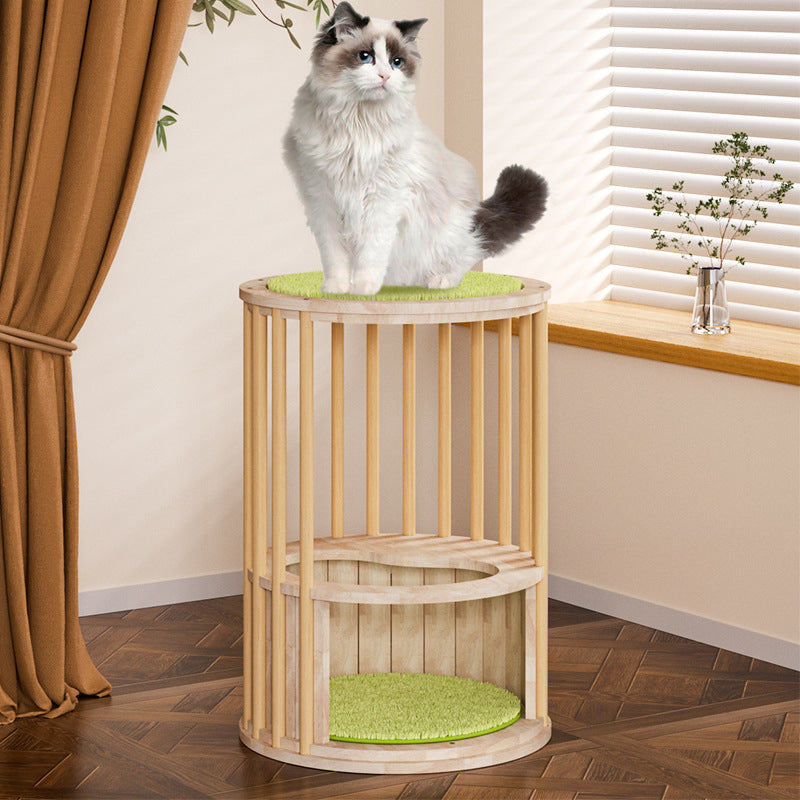 Contemporary Creative Round Solid Oak Wood Kraft Paper Rope Velvet Fabric Cat Tree 3/4/5-Tier For Living Room