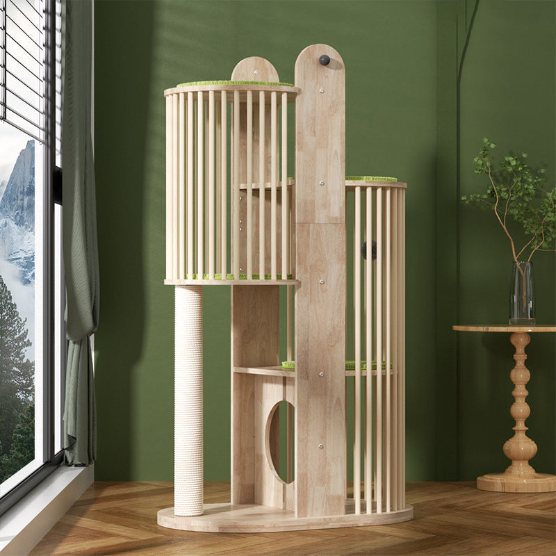Contemporary Creative Round Solid Oak Wood Kraft Paper Rope Velvet Fabric Cat Tree 3/4/5-Tier For Living Room