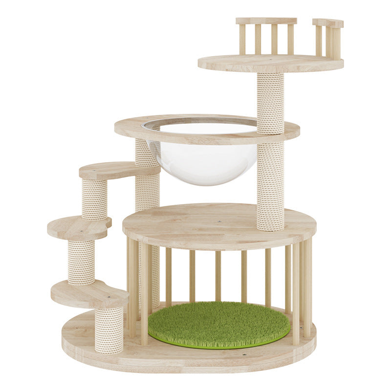 Contemporary Creative Round Solid Oak Wood Kraft Paper Rope Velvet Fabric Cat Tree 3/4/5-Tier For Living Room