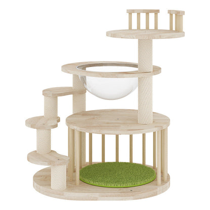 Contemporary Creative Round Solid Oak Wood Kraft Paper Rope Velvet Fabric Cat Tree 3/4/5-Tier For Living Room