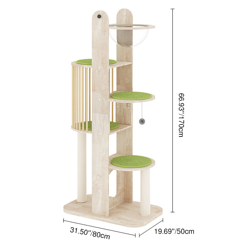 Contemporary Creative Round Solid Oak Wood Kraft Paper Rope Velvet Fabric Cat Tree 3/4/5-Tier For Living Room