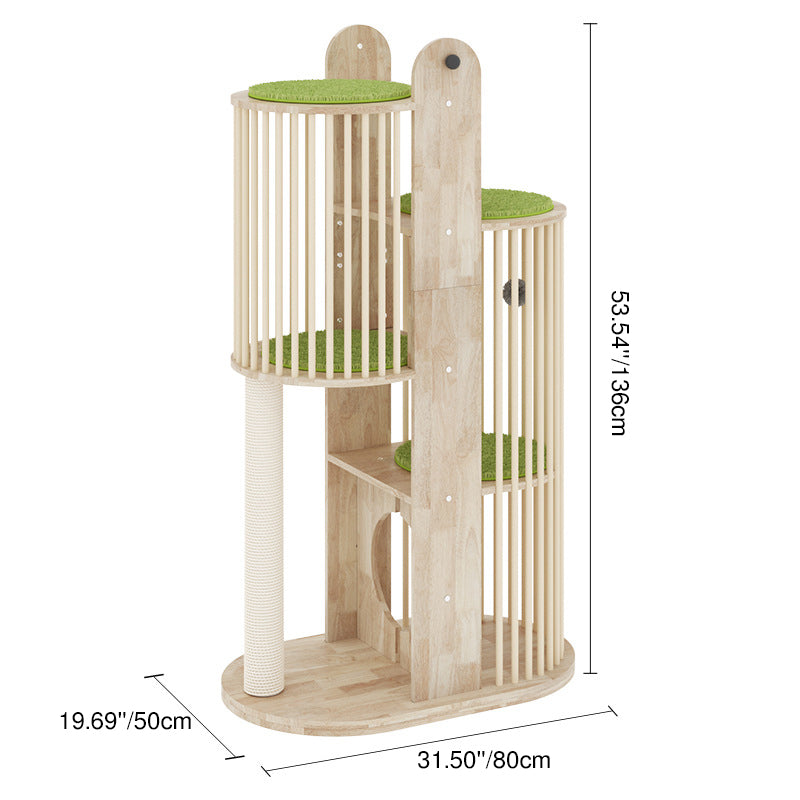 Contemporary Creative Round Solid Oak Wood Kraft Paper Rope Velvet Fabric Cat Tree 3/4/5-Tier For Living Room