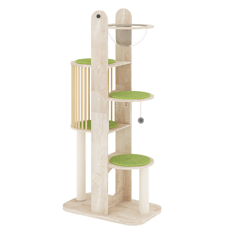 Contemporary Creative Round Solid Oak Wood Kraft Paper Rope Velvet Fabric Cat Tree 3/4/5-Tier For Living Room