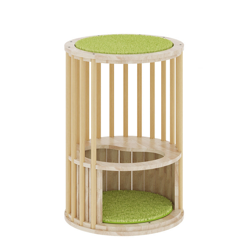 Contemporary Creative Round Solid Oak Wood Kraft Paper Rope Velvet Fabric Cat Tree 3/4/5-Tier For Living Room