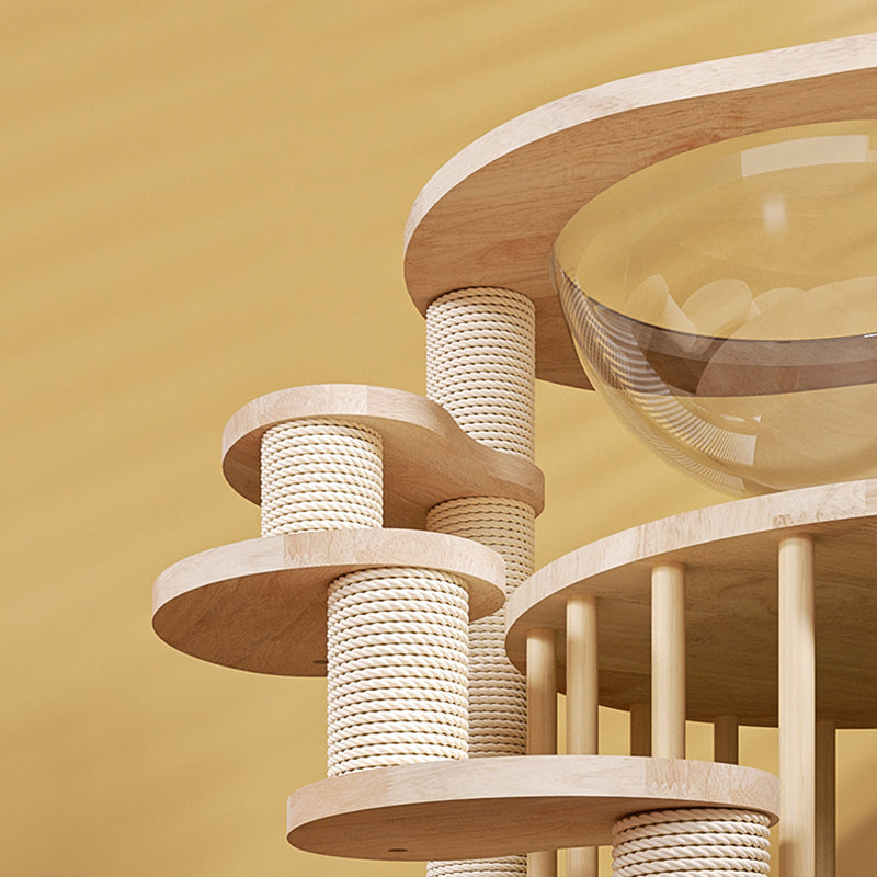 Contemporary Creative Round Solid Oak Wood Kraft Paper Rope Velvet Fabric Cat Tree 3/4/5-Tier For Living Room