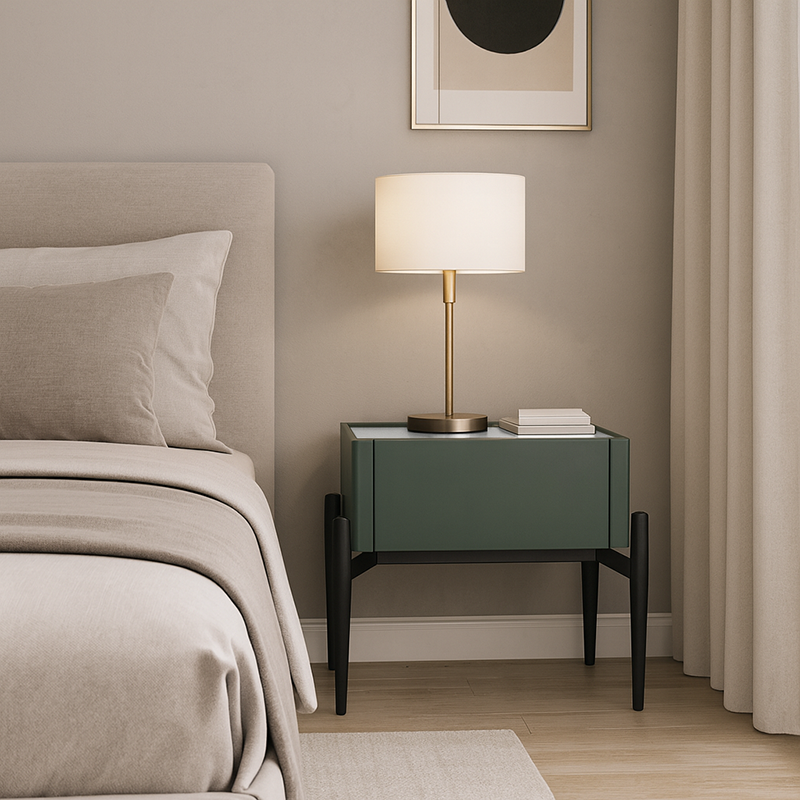 Modern Luxury Dark Green 1-Drawer Nightstand: Stiletto Legs High-End Accent Bedside Table For Bedroom