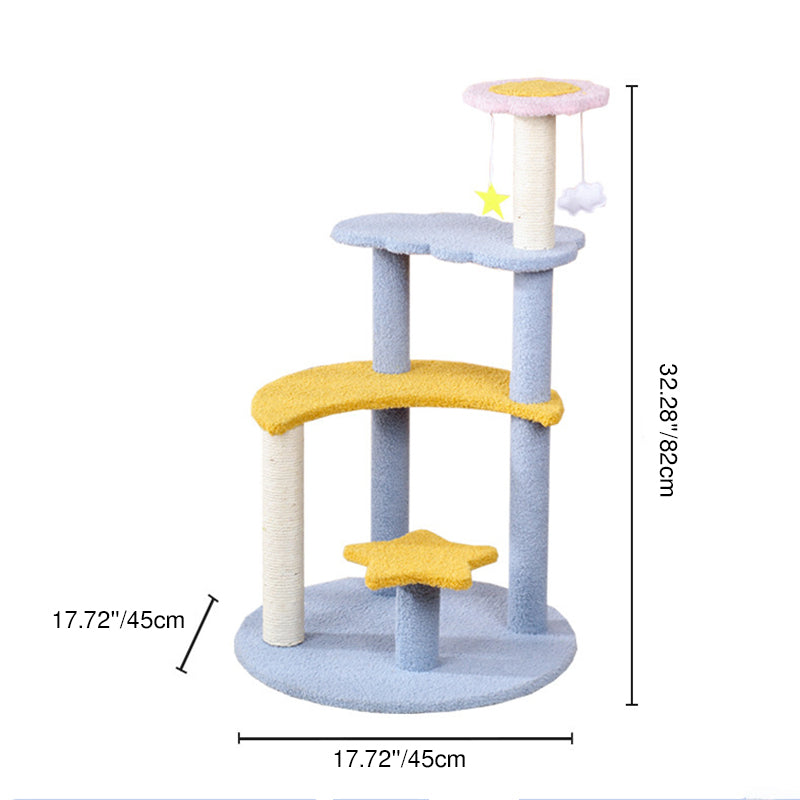 Contemporary Creative Round Medium-Density Fiberboard Sisal Velvet Fabric Star & Moon Cat Tree 4-Tier For Living Room