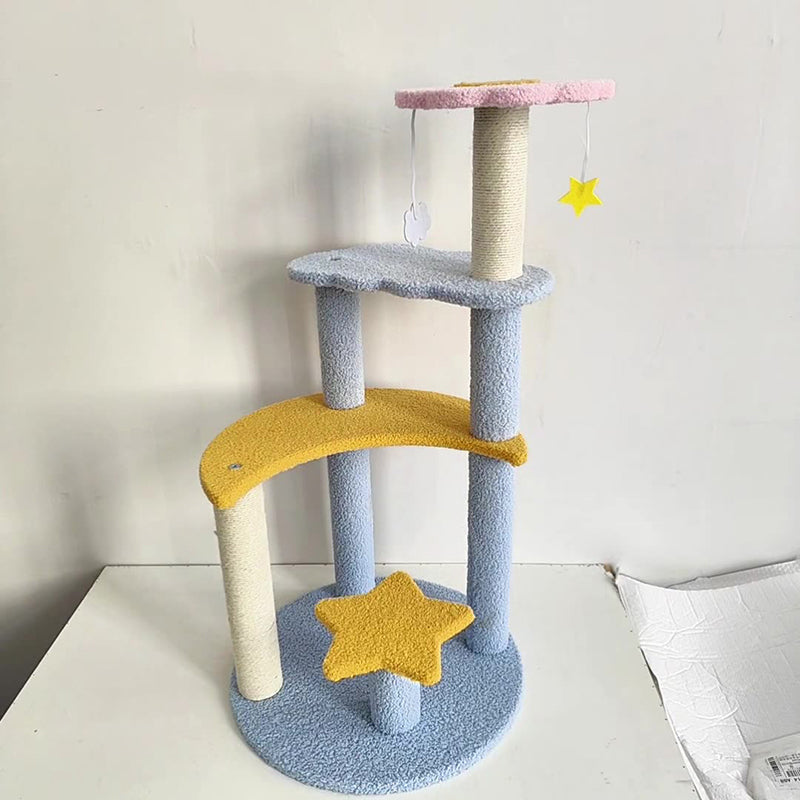 Contemporary Creative Round Medium-Density Fiberboard Sisal Velvet Fabric Star & Moon Cat Tree 4-Tier For Living Room