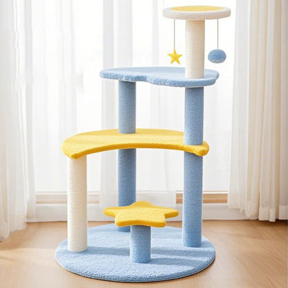 Contemporary Creative Round Medium-Density Fiberboard Sisal Velvet Fabric Star & Moon Cat Tree 4-Tier For Living Room