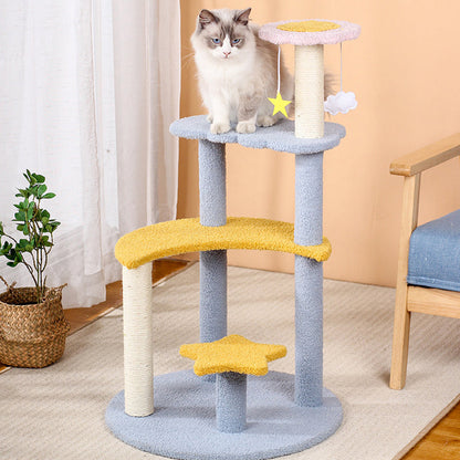 Contemporary Creative Round Medium-Density Fiberboard Sisal Velvet Fabric Star & Moon Cat Tree 4-Tier For Living Room