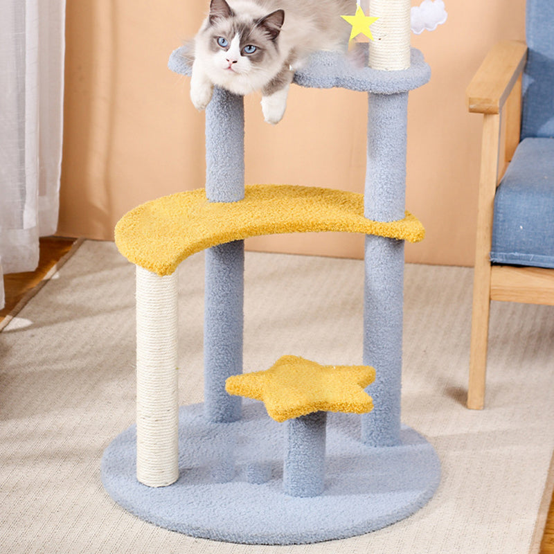 Contemporary Creative Round Medium-Density Fiberboard Sisal Velvet Fabric Star & Moon Cat Tree 4-Tier For Living Room