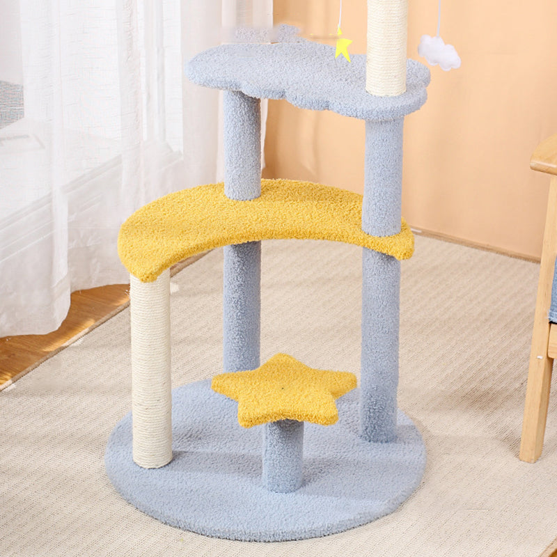 Contemporary Creative Round Medium-Density Fiberboard Sisal Velvet Fabric Star & Moon Cat Tree 4-Tier For Living Room