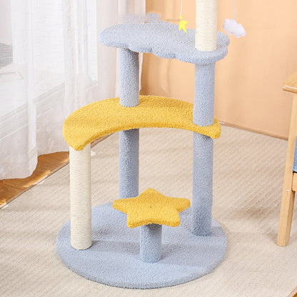 Contemporary Creative Round Medium-Density Fiberboard Sisal Velvet Fabric Star & Moon Cat Tree 4-Tier For Living Room