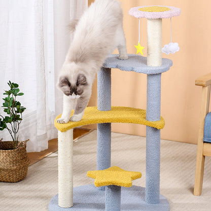 Contemporary Creative Round Medium-Density Fiberboard Sisal Velvet Fabric Star & Moon Cat Tree 4-Tier For Living Room