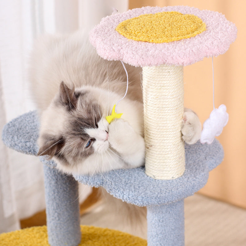 Contemporary Creative Round Medium-Density Fiberboard Sisal Velvet Fabric Star & Moon Cat Tree 4-Tier For Living Room