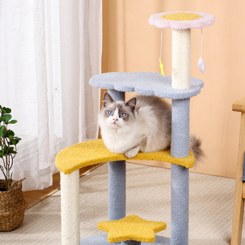 Contemporary Creative Round Medium-Density Fiberboard Sisal Velvet Fabric Star & Moon Cat Tree 4-Tier For Living Room