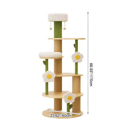 Contemporary Creative Round Plywood Sisal Velvet Fabric Fresh Pastoral Style Cat Tree 6-Tier For Living Room