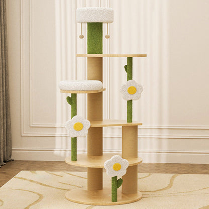 Contemporary Creative Round Plywood Sisal Velvet Fabric Fresh Pastoral Style Cat Tree 6-Tier For Living Room