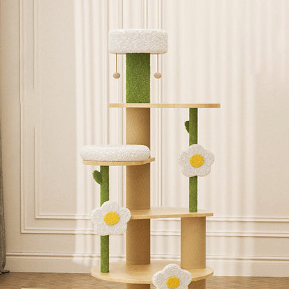 Contemporary Creative Round Plywood Sisal Velvet Fabric Fresh Pastoral Style Cat Tree 6-Tier For Living Room