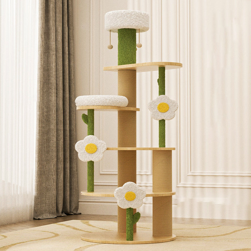 Contemporary Creative Round Plywood Sisal Velvet Fabric Fresh Pastoral Style Cat Tree 6-Tier For Living Room