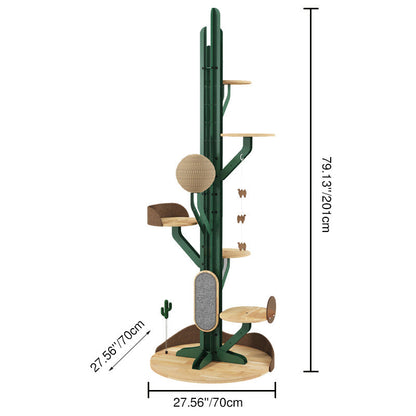 Contemporary Creative Round Rubberwood Iron Sisal Kraft Paper Rope Cactus-Shaped Cat Tree For Living Room