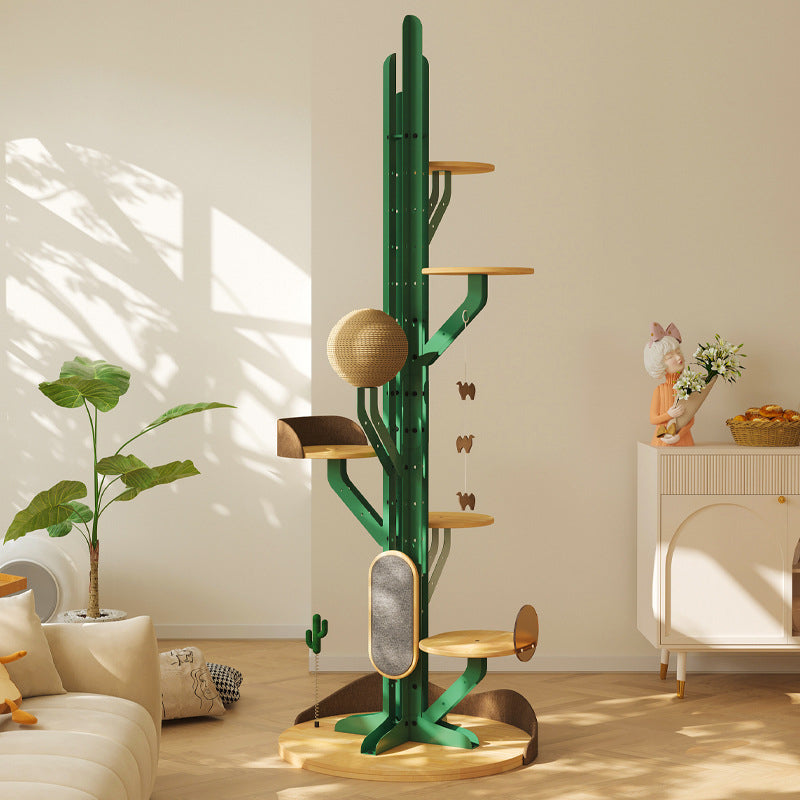 Contemporary Creative Round Rubberwood Iron Sisal Kraft Paper Rope Cactus-Shaped Cat Tree For Living Room