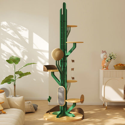 Contemporary Creative Round Rubberwood Iron Sisal Kraft Paper Rope Cactus-Shaped Cat Tree For Living Room