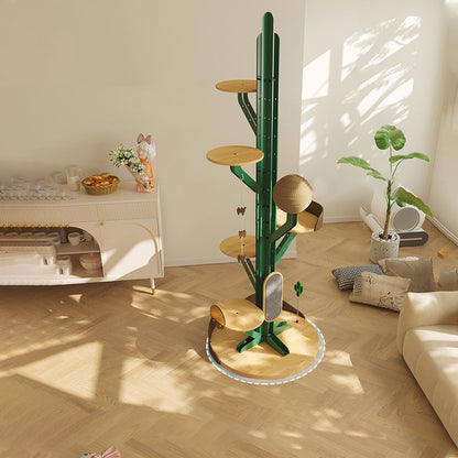Contemporary Creative Round Rubberwood Iron Sisal Kraft Paper Rope Cactus-Shaped Cat Tree For Living Room