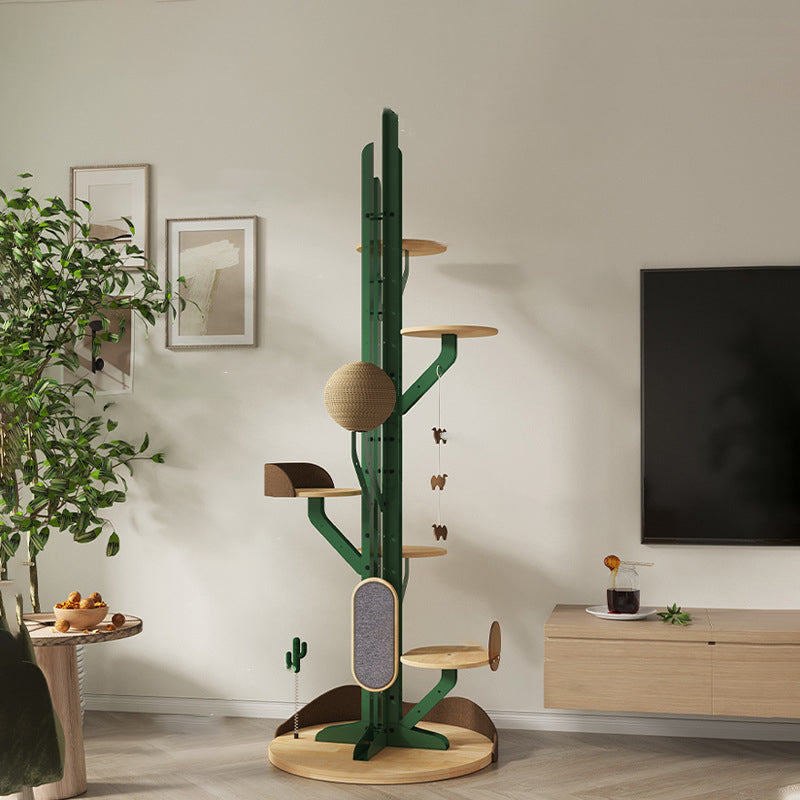 Contemporary Creative Round Rubberwood Iron Sisal Kraft Paper Rope Cactus-Shaped Cat Tree For Living Room
