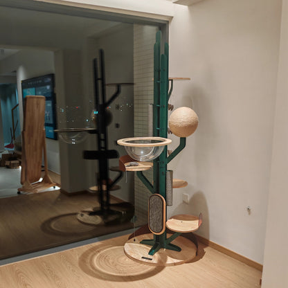 Contemporary Creative Round Rubberwood Iron Sisal Kraft Paper Rope Cactus-Shaped Cat Tree For Living Room