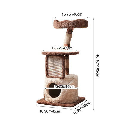 Contemporary Scandinavian Round Natural Fruitwood Particle Board Jute Velvet Fabric Multi-Functional Cat Tree 3-Tier For Living Room