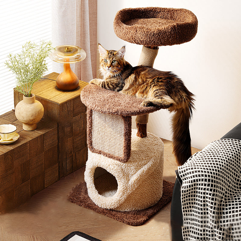 Contemporary Scandinavian Round Natural Fruitwood Particle Board Jute Velvet Fabric Multi-Functional Cat Tree 3-Tier For Living Room