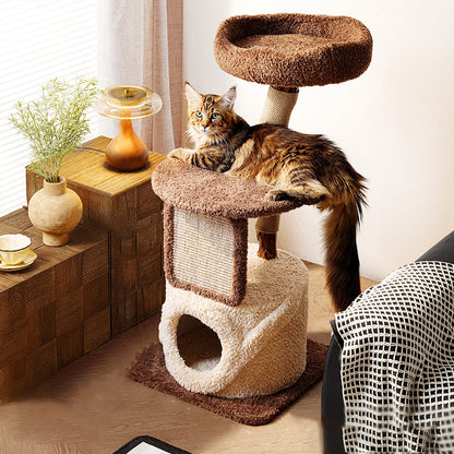 Contemporary Scandinavian Round Natural Fruitwood Particle Board Jute Velvet Fabric Multi-Functional Cat Tree 3-Tier For Living Room