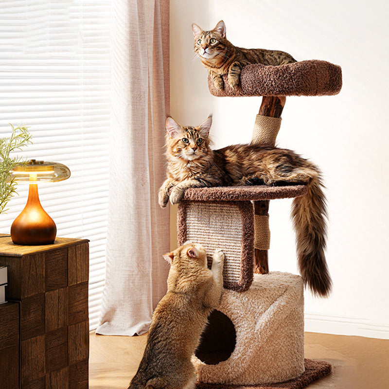 Contemporary Scandinavian Round Natural Fruitwood Particle Board Jute Velvet Fabric Multi-Functional Cat Tree 3-Tier For Living Room