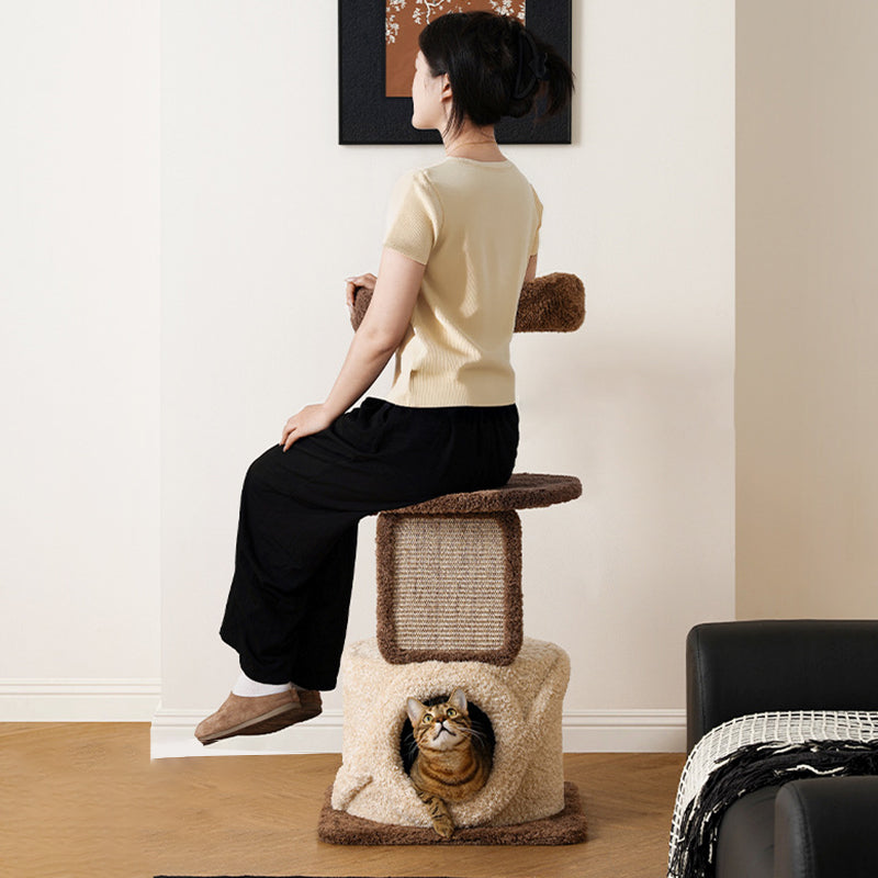 Contemporary Scandinavian Round Natural Fruitwood Particle Board Jute Velvet Fabric Multi-Functional Cat Tree 3-Tier For Living Room