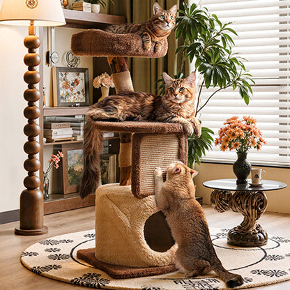 Contemporary Scandinavian Round Natural Fruitwood Particle Board Jute Velvet Fabric Multi-Functional Cat Tree 3-Tier For Living Room
