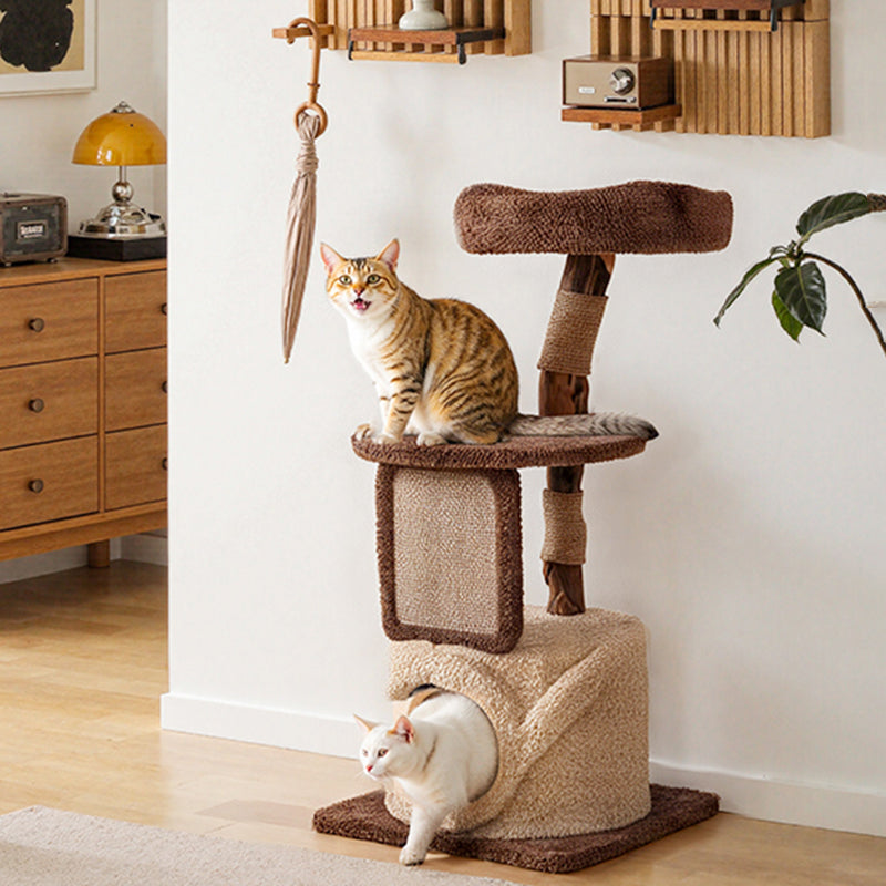 Contemporary Scandinavian Round Natural Fruitwood Particle Board Jute Velvet Fabric Multi-Functional Cat Tree 3-Tier For Living Room