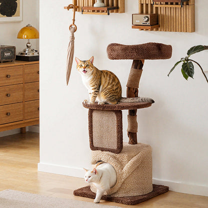 Contemporary Scandinavian Round Natural Fruitwood Particle Board Jute Velvet Fabric Multi-Functional Cat Tree 3-Tier For Living Room