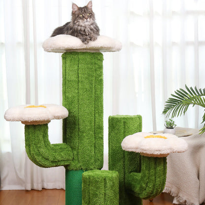Contemporary Creative Round Oriented Strand Board Sisal Velvet Fabric Floral Cactus-Shaped Cat Tree 3-Tier For Living Room