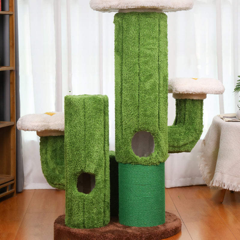 Contemporary Creative Round Oriented Strand Board Sisal Velvet Fabric Floral Cactus-Shaped Cat Tree 3-Tier For Living Room